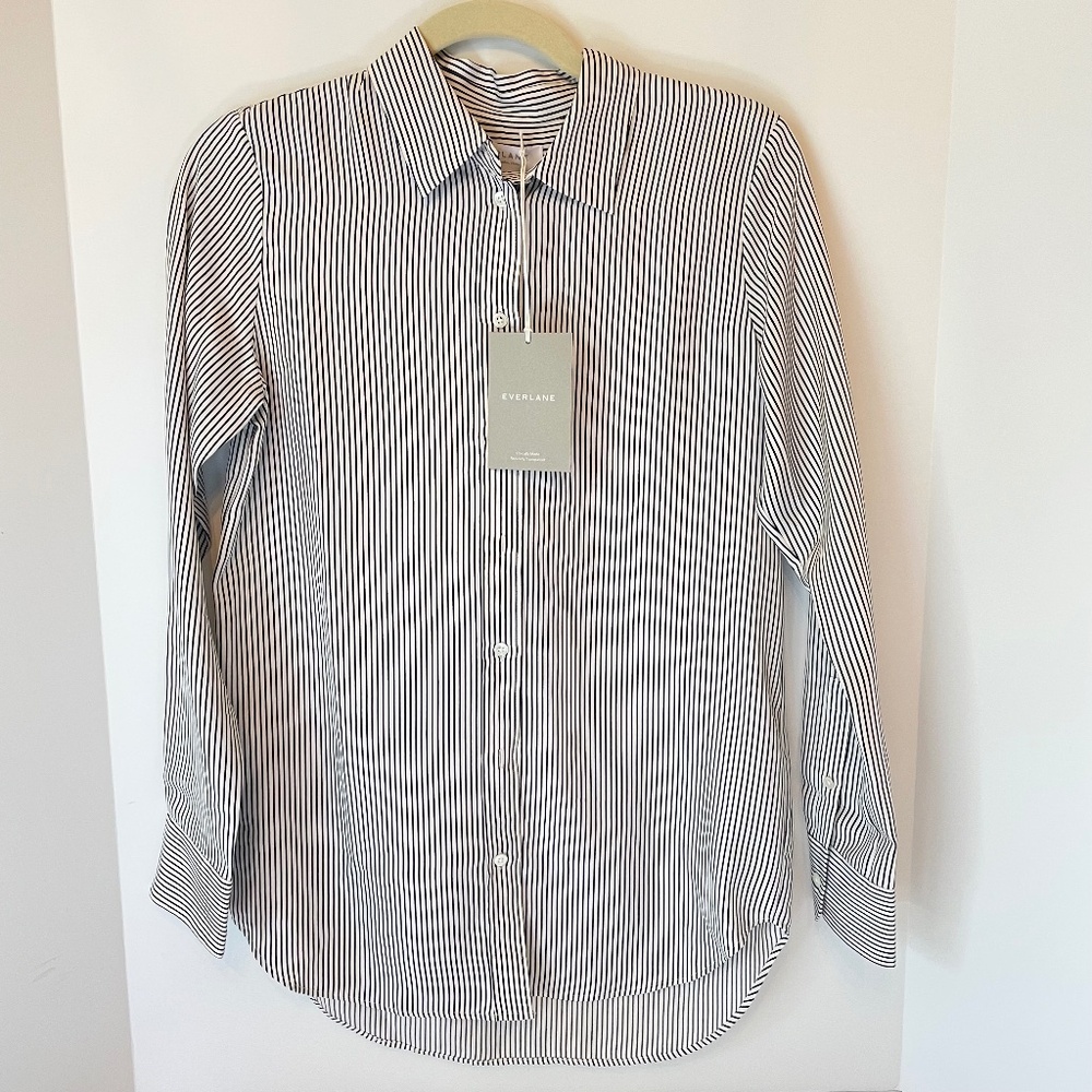 Everlane Relaxed Silk Shirt Black White Narrow Stripe 00 NWT